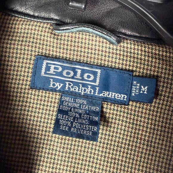 Vintage Polo Ralph Lauren Leather Jacket Mens M Black Full Zip Bomber Chin Strap - Picture 7 of 16